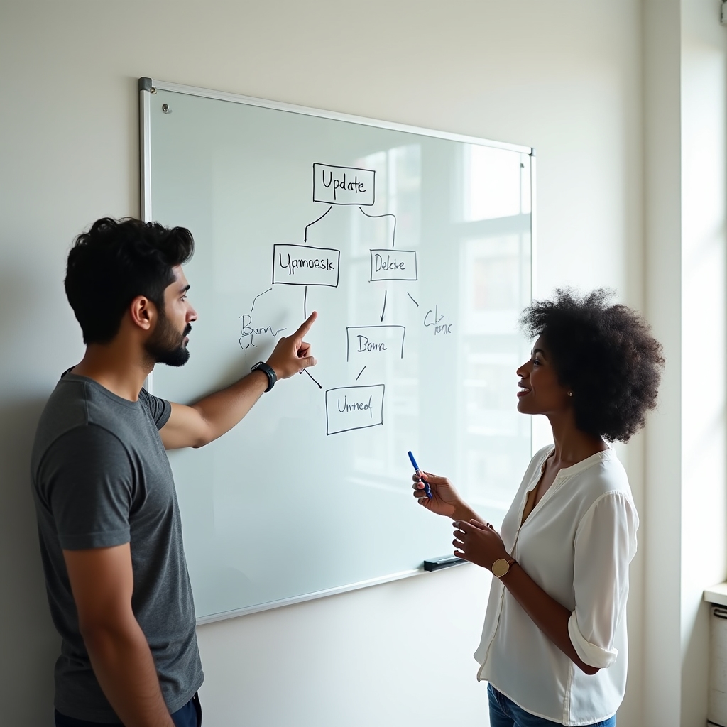 Wide shot of a whiteboard covered in a hand-drawn content decision flowchart with sticky notes, two people standing nearby in discussion